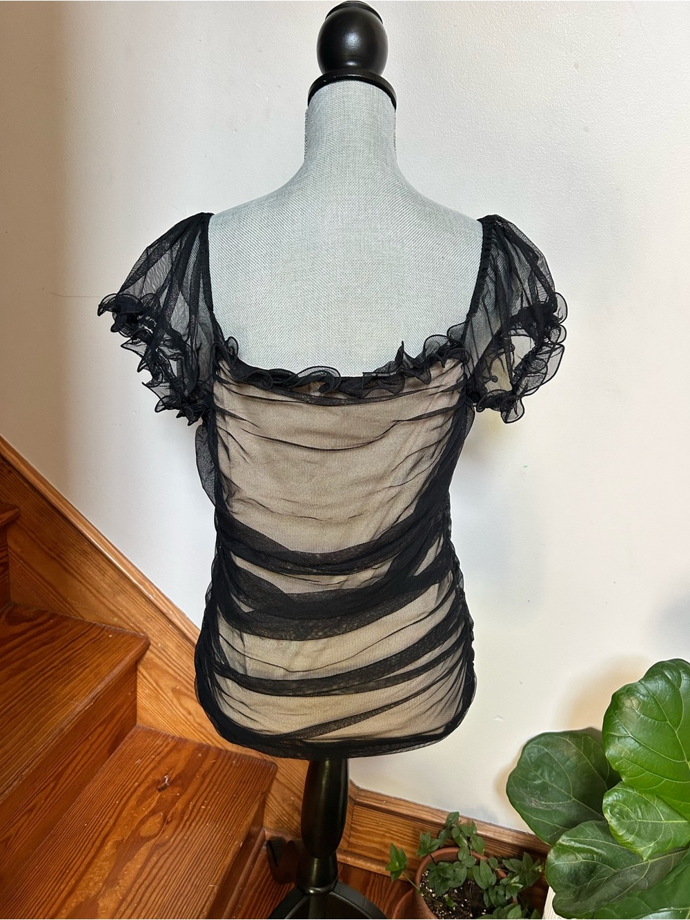 Whimsy Goth Boston Proper Black Sheer Ruched Mesh Cap Sleeve Top Y2K - Picture 3 of 4